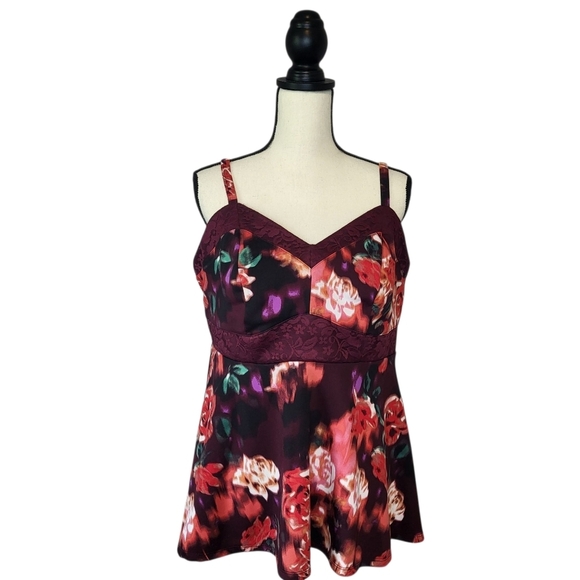Torrid Top Red Purple Floral Adjustable Straps Lace Detail Peplum Tank Size 1X - Picture 1 of 9